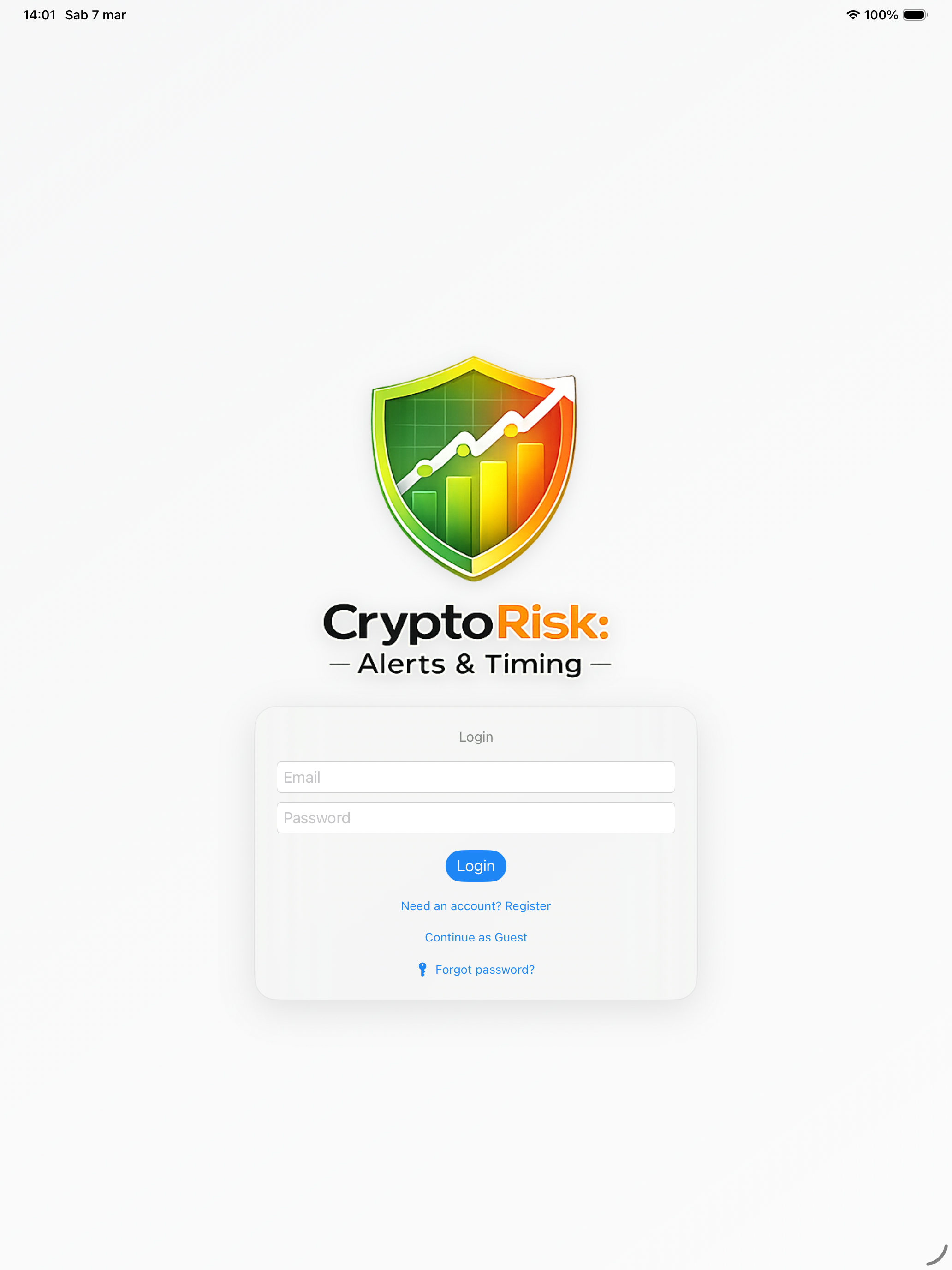 CryptoRisk: Alerts & Timing dashboard screen on iPad