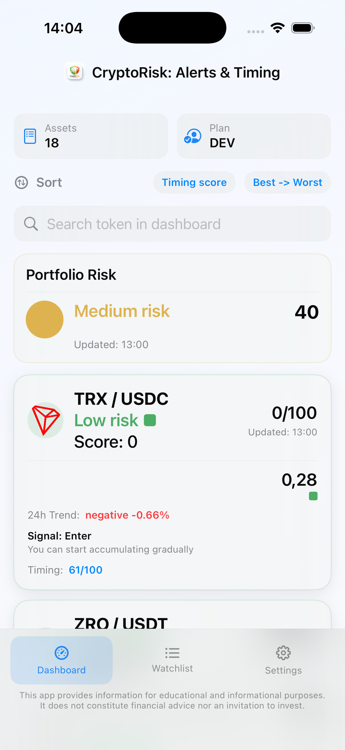CryptoRisk: Alerts & Timing dashboard on iPhone