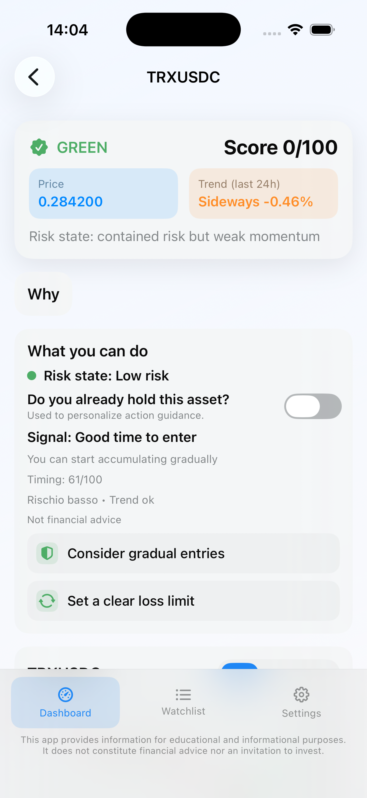 CryptoRisk: Alerts & Timing token detail on iPhone