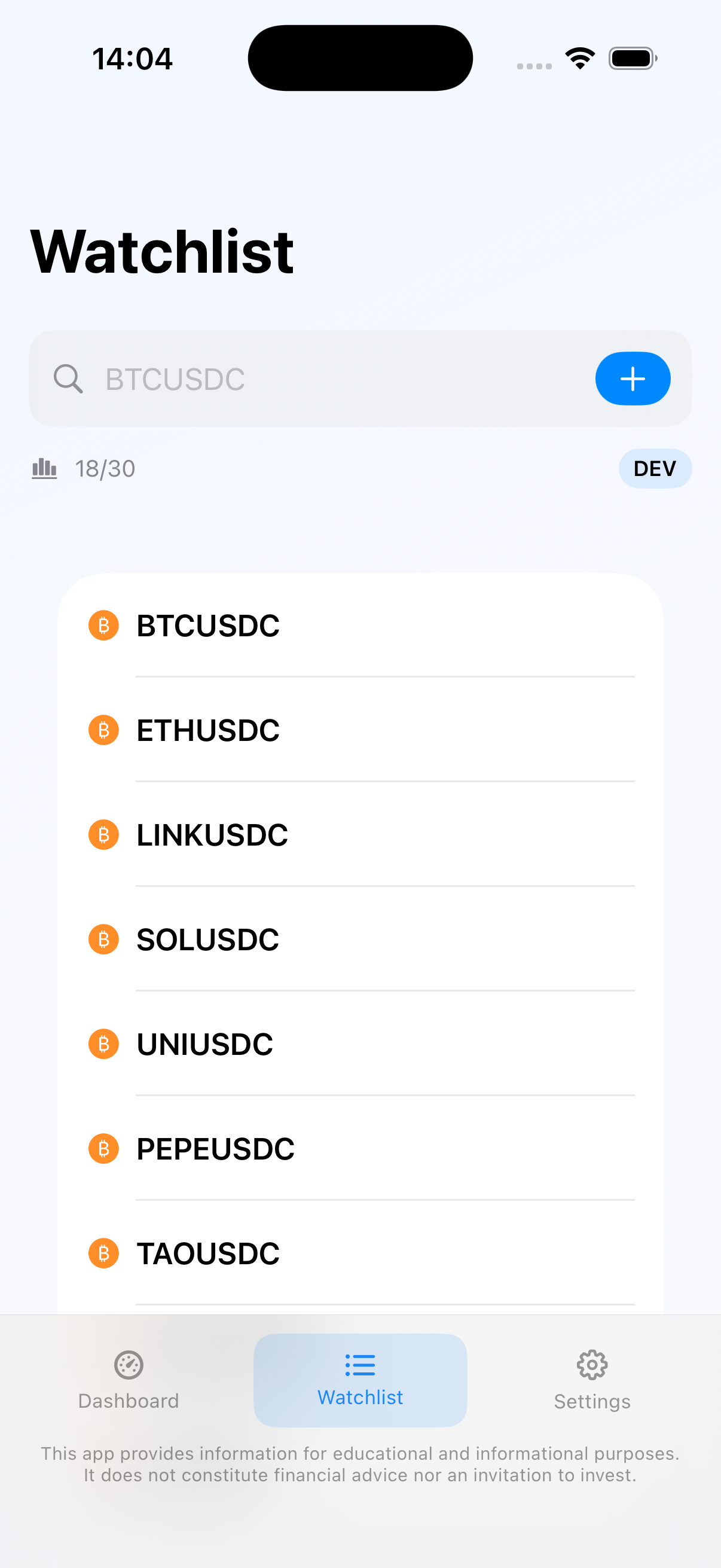 CryptoRisk: Alerts & Timing watchlist on iPhone